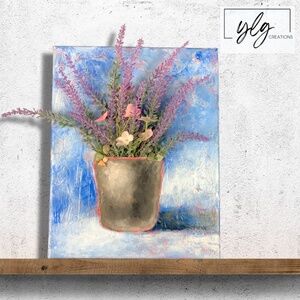 Floral Mixed Media Acrylic Painting Blue Lavender 8x10 Original 3D Art Farmhouse